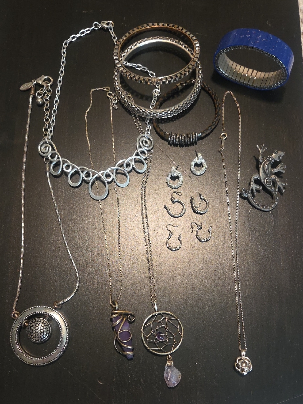 Mixed Silver-Tone Women’s Jewelry Lot Set with Blue Accent Bracelet